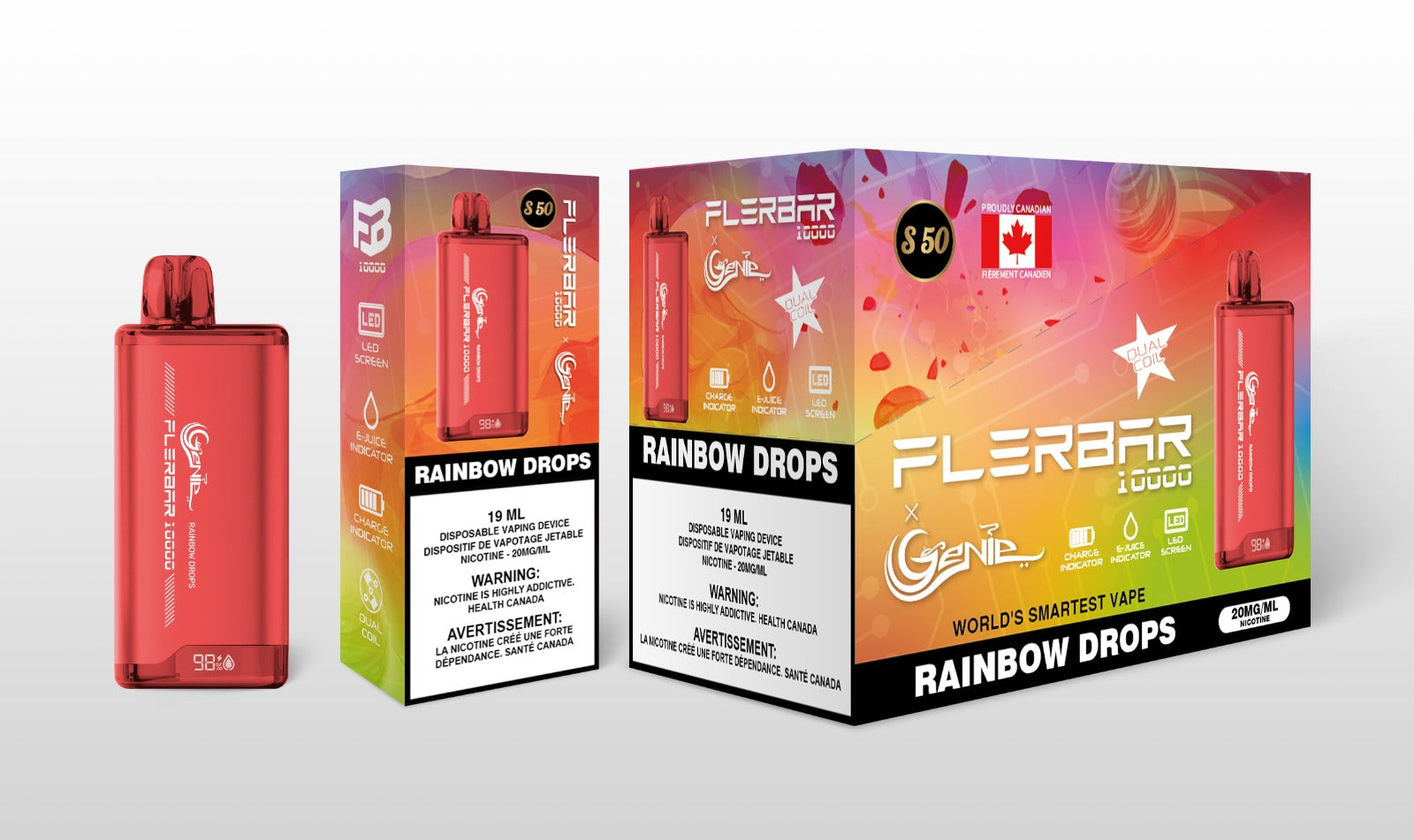 Genie 10000 flerbar- 10000 PUFFS  20 mg / mL Salt Nicotine  Juice Capacity: 19 mL  Dual Coil  Charge Indicator  E- Juice Indicator  LED Screen rainbow drops s50