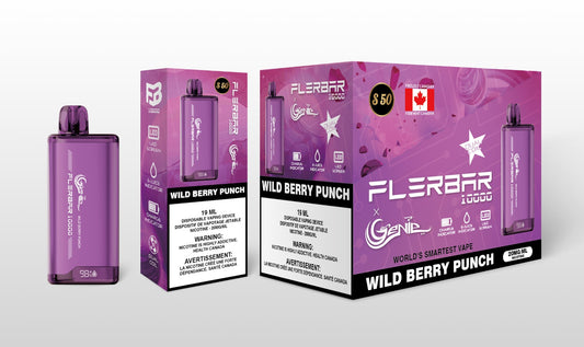 Genie 10000 flerbar-10000 PUFFS  20 mg / mL Salt Nicotine  Juice Capacity: 19 mL  Dual Coil  Charge Indicator  E- Juice Indicator  LED Screen Wild berry punch s50