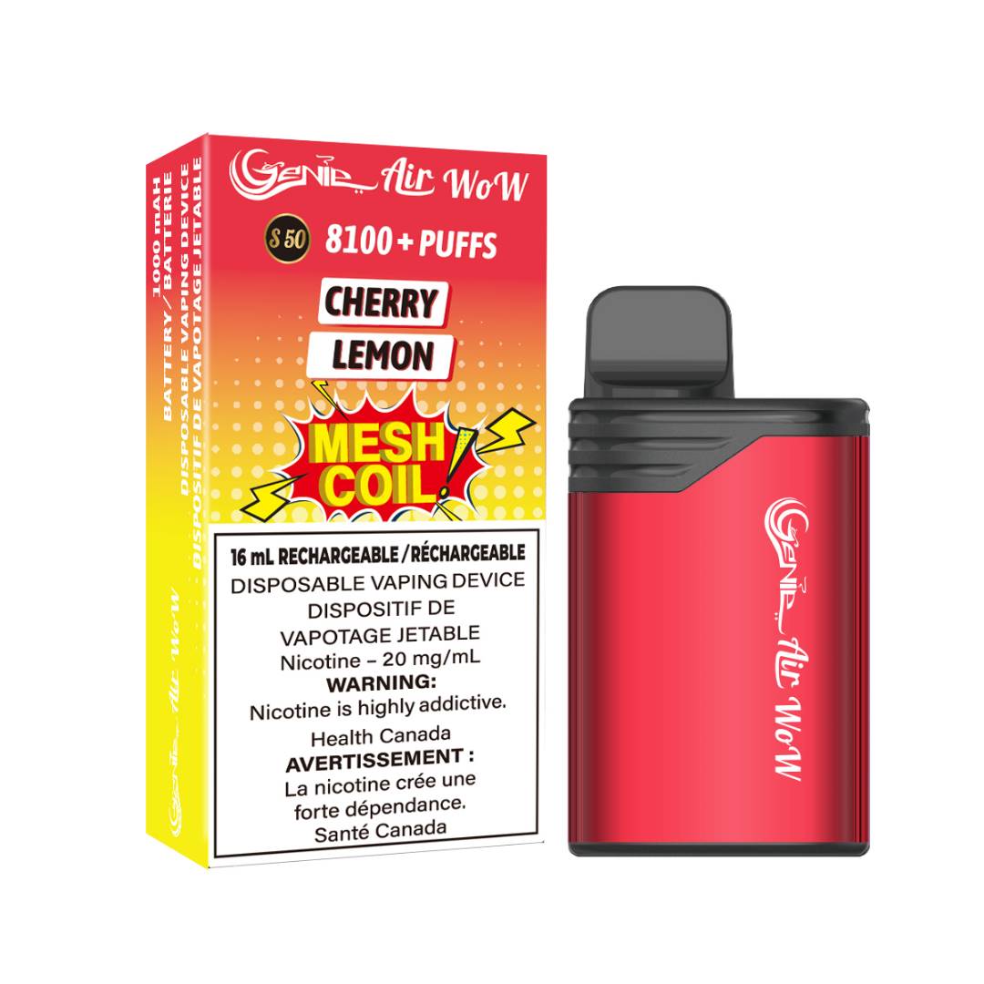 GENIE AIR WOW - CHERRY lemon 8100 Puffs  20 mg / mL Salt Nicotine  Juice Capacity: 16 mL  Battery: 1000 mAh Rechargeable   Mesh Coil Technology    s50