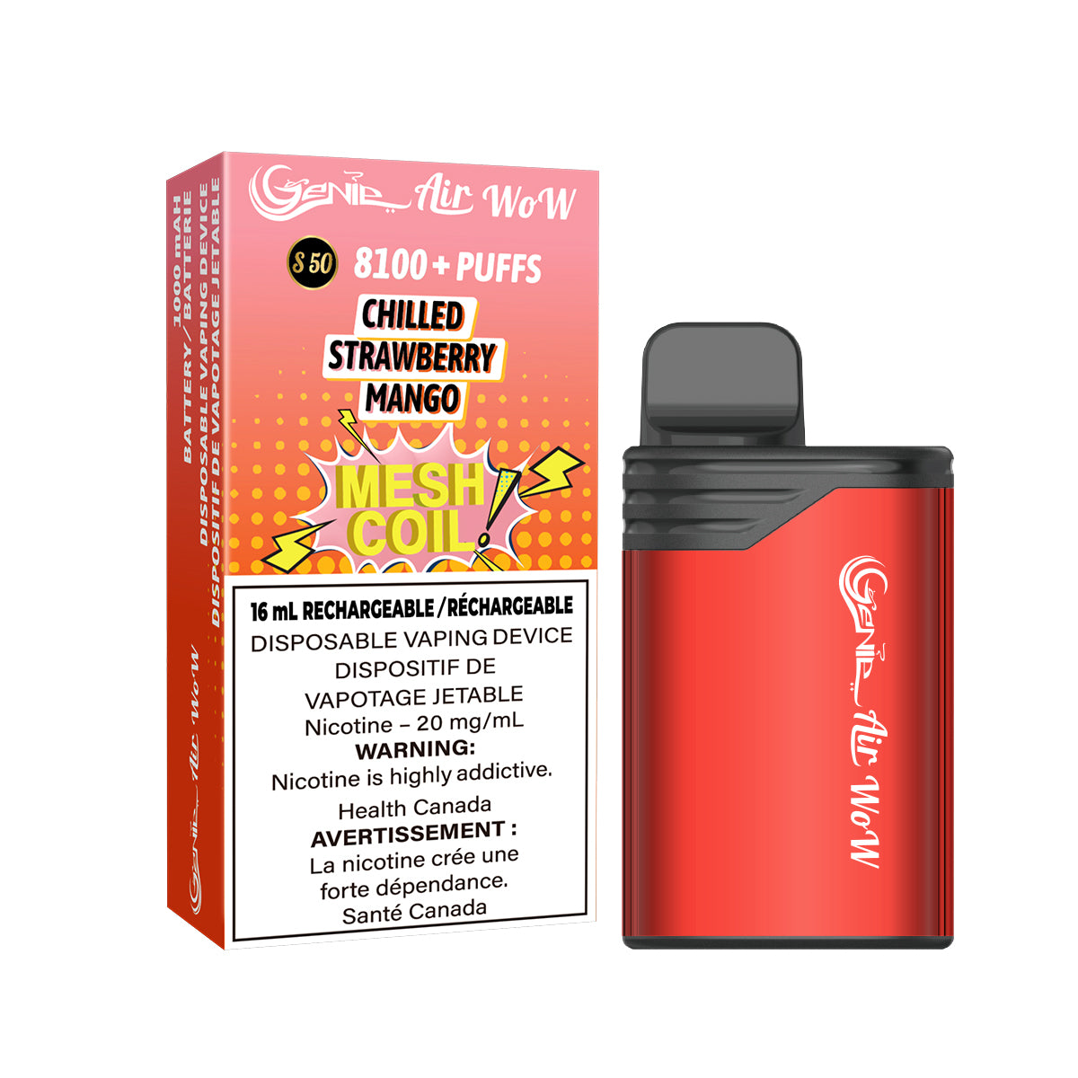 GENIE AIR WOW - CHilled strawberry mango 8100 Puffs  20 mg / mL Salt Nicotine  Juice Capacity: 16 mL  Battery: 1000 mAh Rechargeable   Mesh Coil Technology    s50