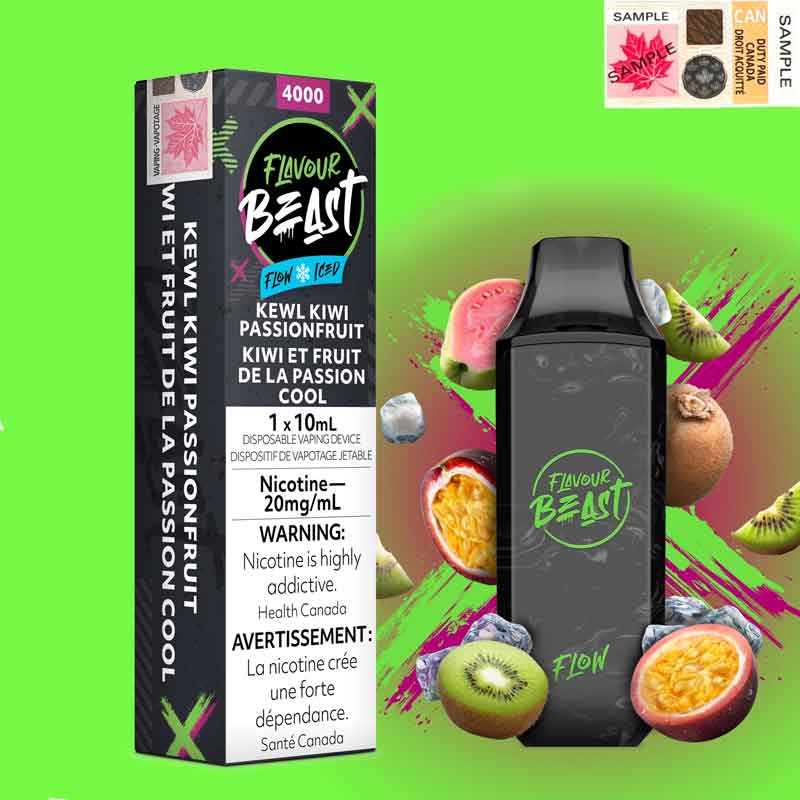 Flavour Beast Flow - 4000 Puffs  20 mg / mL Salt Nicotine- 10 ml  Rechargeable (Type- C port, cable not included)  Air flow adjust  Mesh coil kewl kiwi passionfruit