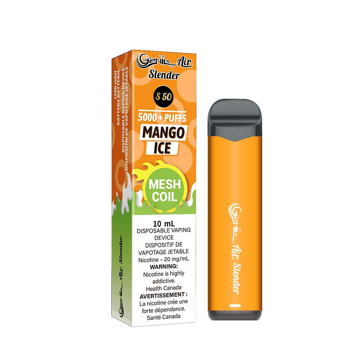 Mango ice Genie slender 5000 Puffs per 1 disposable device  Fully charged  2% Salt Nicotine  Battery: 1500 mAh  Mesh Coil Technology s50