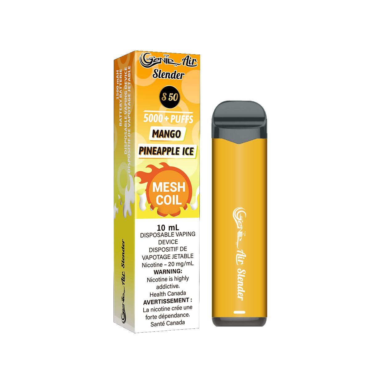 Genie slender 5000 Puffs per 1 disposable device  Fully charged  2% Salt Nicotine  Battery: 1500 mAh  Mesh Coil Technology s50 Mango pineapple ice