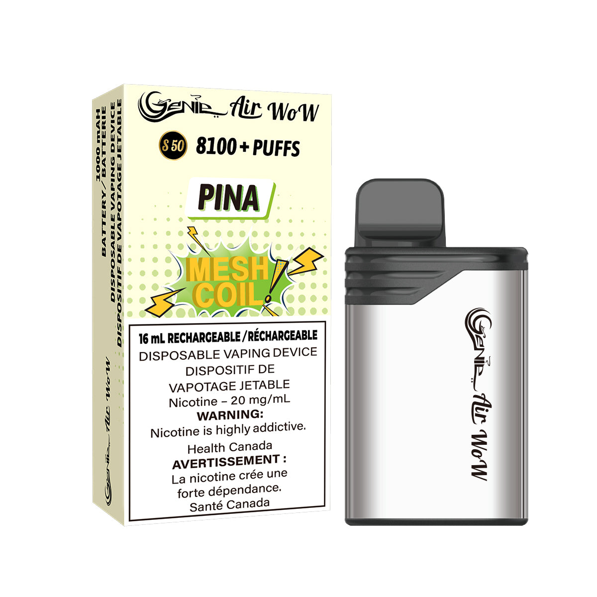 GENIE AIR WOW - pina 8100 Puffs  20 mg / mL Salt Nicotine  Juice Capacity: 16 mL  Battery: 1000 mAh Rechargeable   Mesh Coil Technology    s50