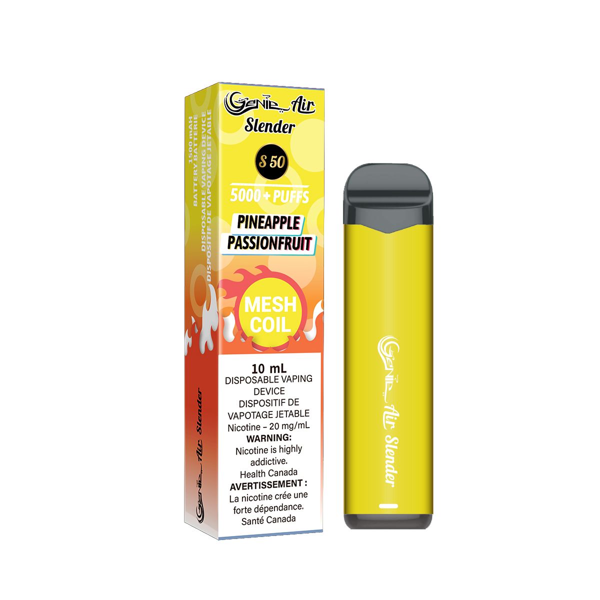 Genie slender 5000 Puffs per 1 disposable device  Fully charged  2% Salt Nicotine  Battery: 1500 mAh  Mesh Coil Technology s50 pineapple passionfruit