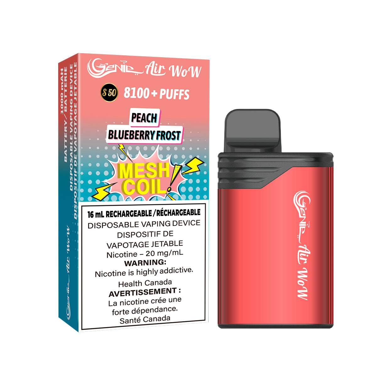 GENIE AIR WOW - peach blueberry  FROST 8100 Puffs  20 mg / mL Salt Nicotine  Juice Capacity: 16 mL  Battery: 1000 mAh Rechargeable   Mesh Coil Technology    s50