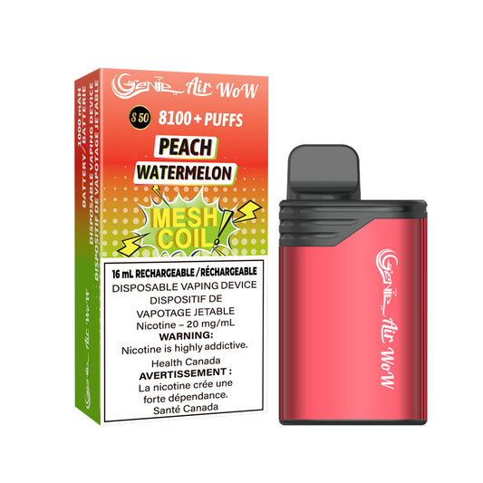 GENIE AIR WOW - peach watermelon 8100 Puffs  20 mg / mL Salt Nicotine  Juice Capacity: 16 mL  Battery: 1000 mAh Rechargeable   Mesh Coil Technology    s50