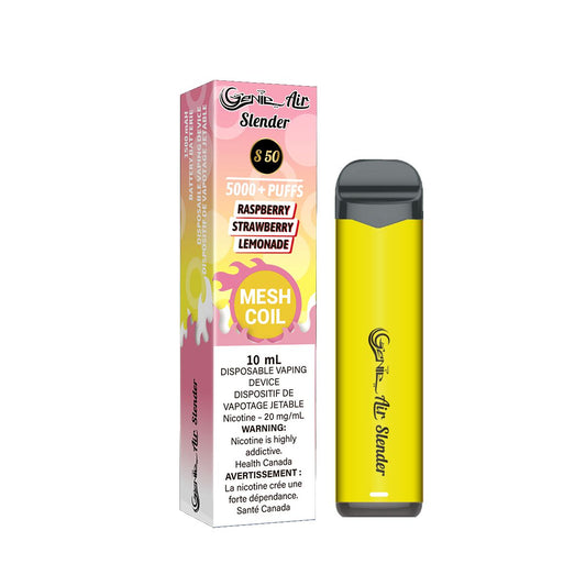 Genie slender 5000 Puffs per 1 disposable device  Fully charged  2% Salt Nicotine  Battery: 1500 mAh  Mesh Coil Technology s50 raspberry strawberry lemonade