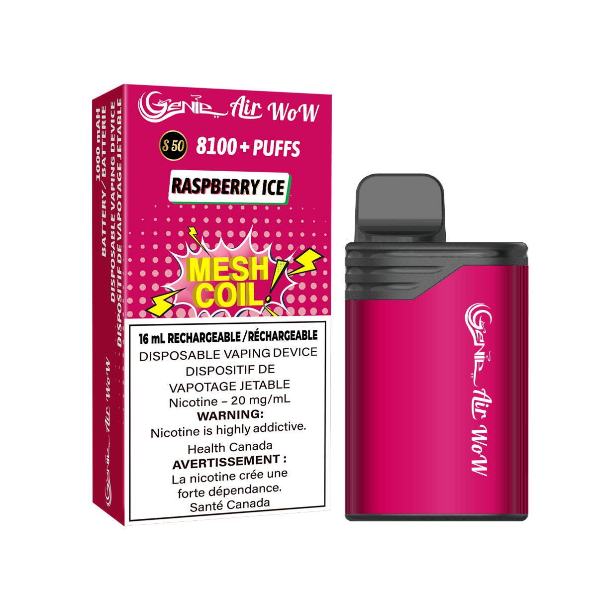 GENIE AIR WOW - raspberry ice 8100 Puffs  20 mg / mL Salt Nicotine  Juice Capacity: 16 mL  Battery: 1000 mAh Rechargeable   Mesh Coil Technology    s50