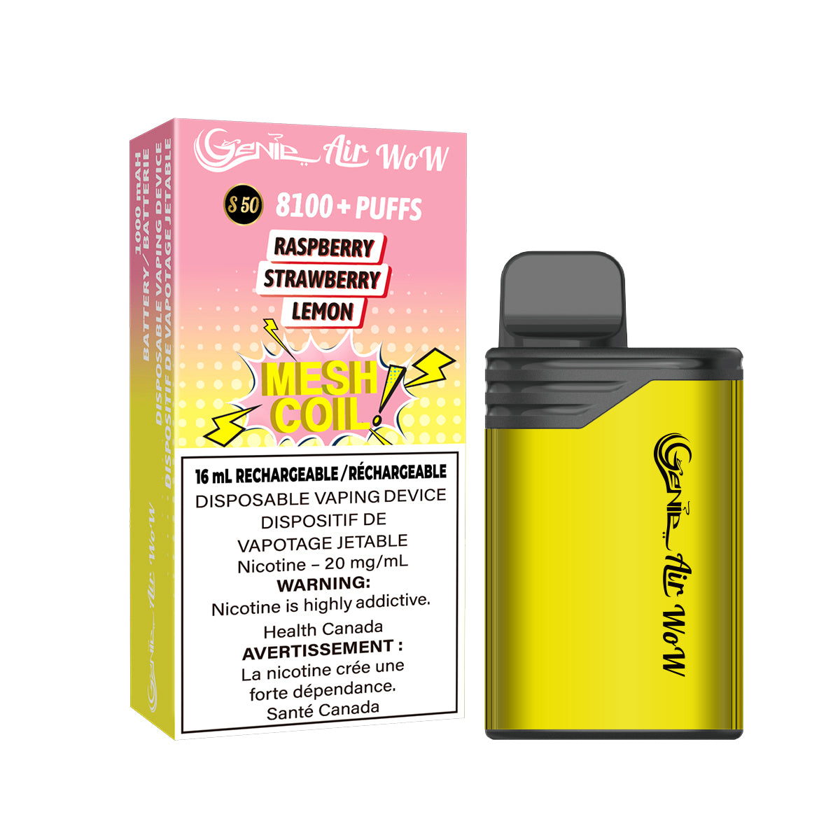 GENIE AIR WOW - raspberry strawberry lemon 8100 Puffs  20 mg / mL Salt Nicotine  Juice Capacity: 16 mL  Battery: 1000 mAh Rechargeable   Mesh Coil Technology    s50