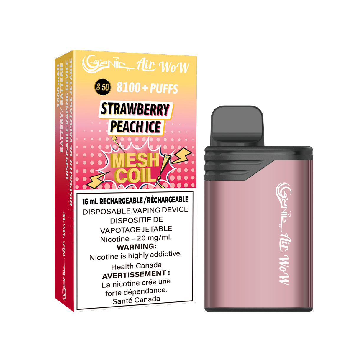 GENIE AIR WOW - strawberry peach ice 8100 Puffs  20 mg / mL Salt Nicotine  Juice Capacity: 16 mL  Battery: 1000 mAh Rechargeable   Mesh Coil Technology    s50